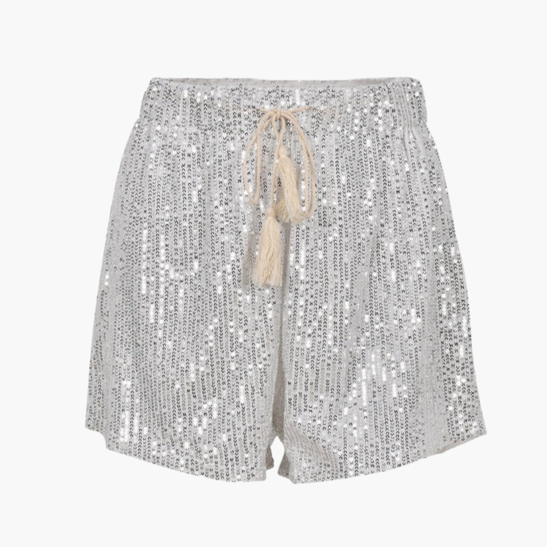 Gonna corta femminile con paillettes e vita alta