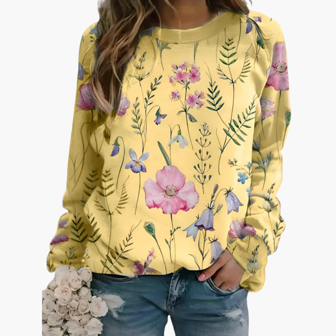 Felpa con motivo floreale da donna con collo rotondo e maniche lunghe