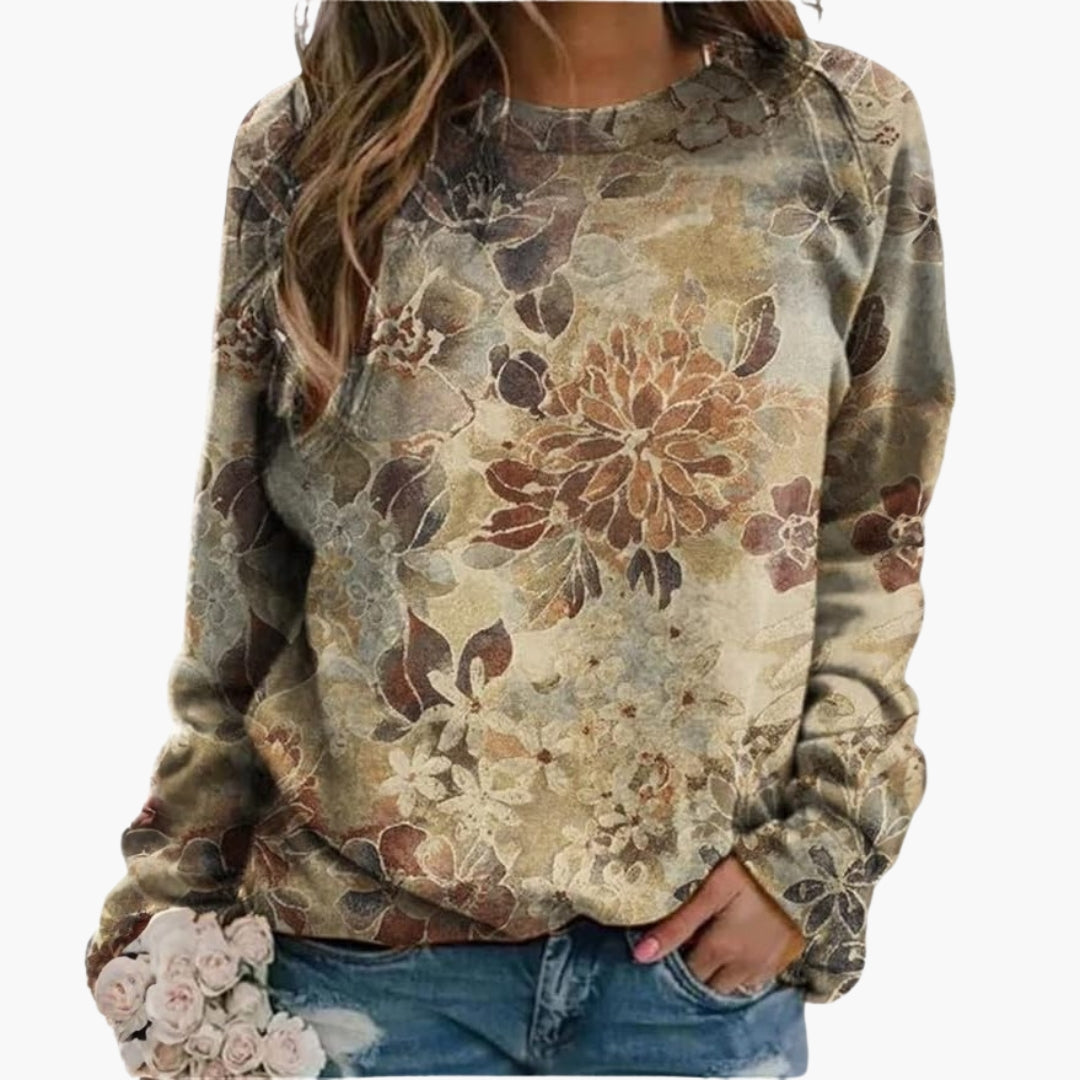 Felpa con motivo floreale da donna con collo rotondo e maniche lunghe