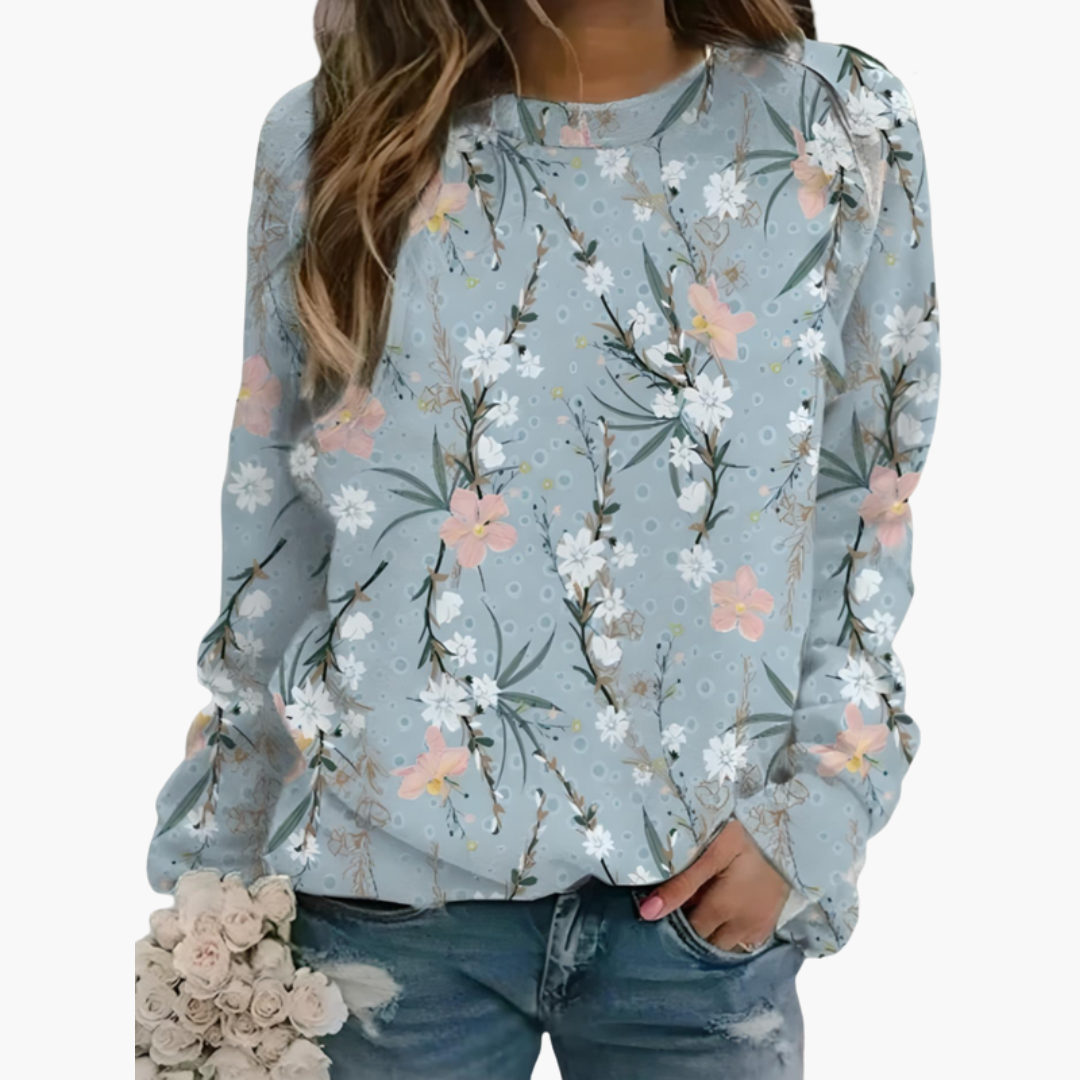 Felpa con motivo floreale da donna con collo rotondo e maniche lunghe