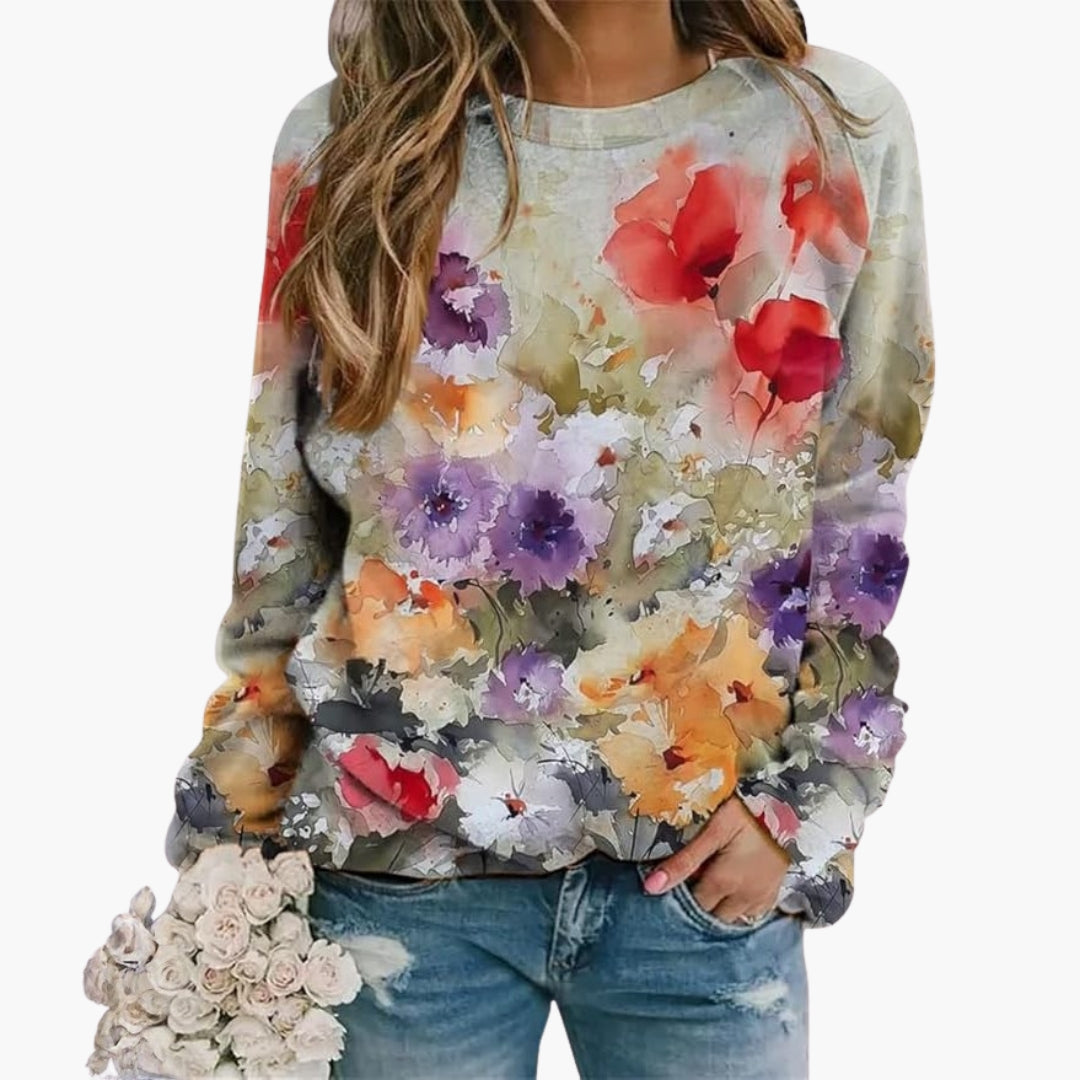 Felpa con motivo floreale da donna con collo rotondo e maniche lunghe