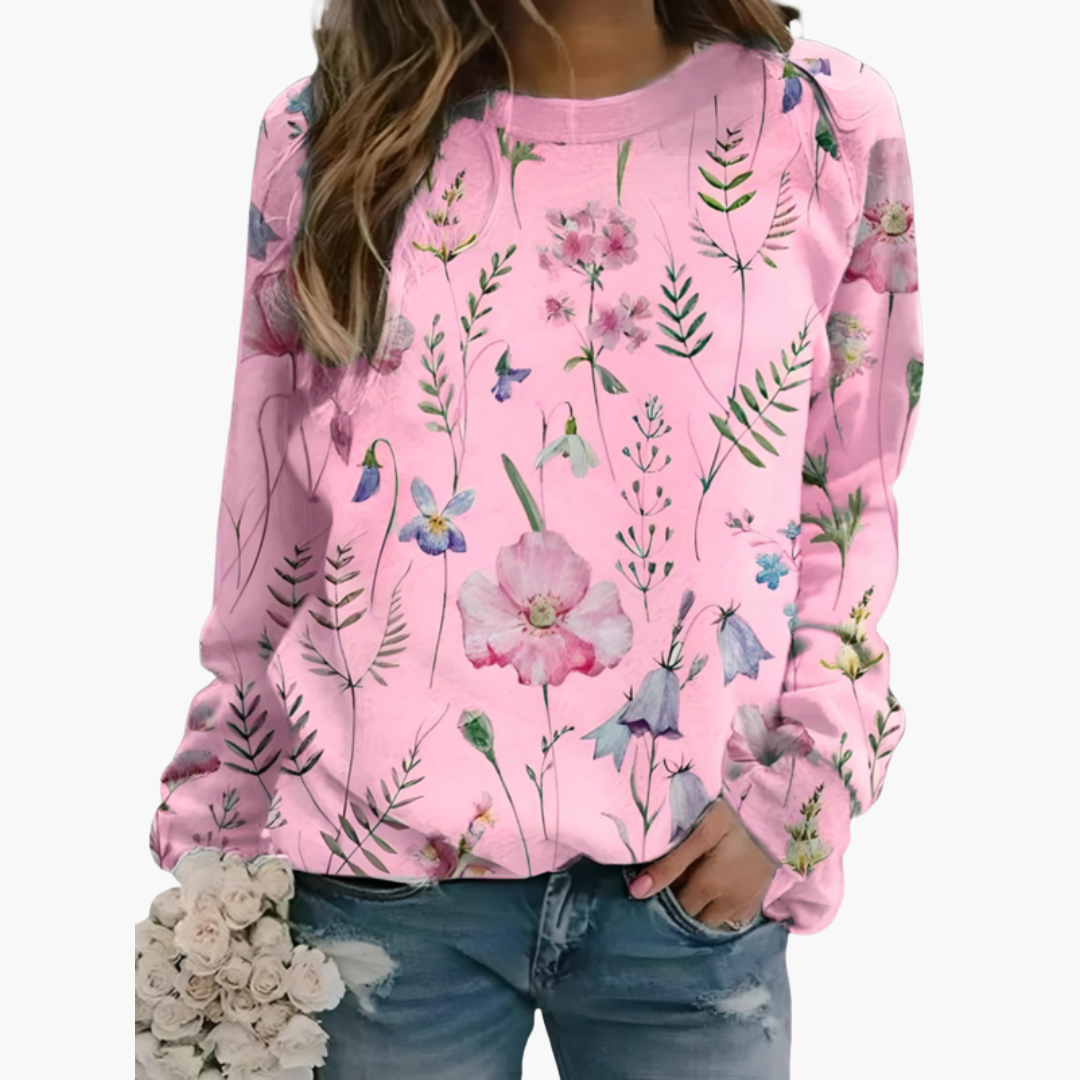 Felpa con motivo floreale da donna con collo rotondo e maniche lunghe