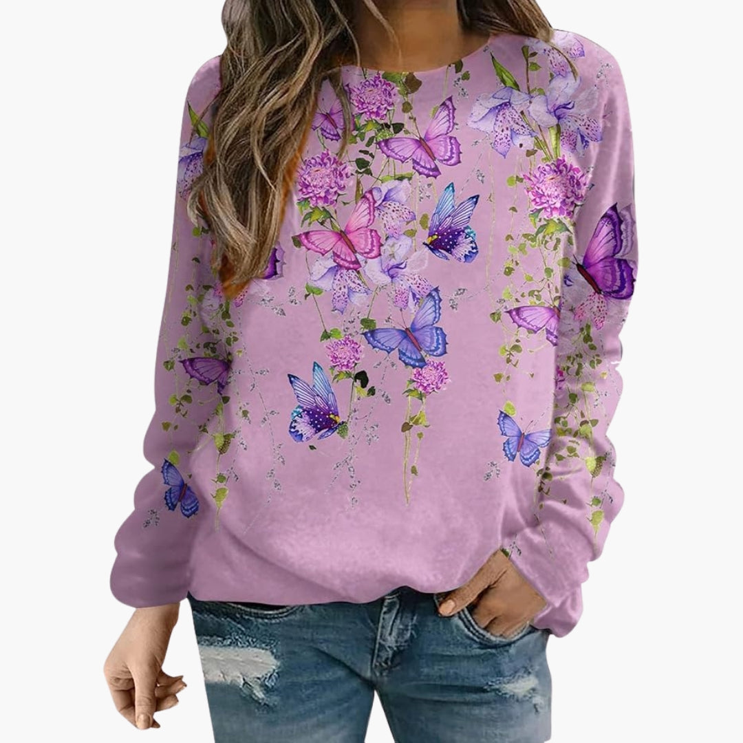 Felpa con motivo floreale da donna con collo rotondo e maniche lunghe