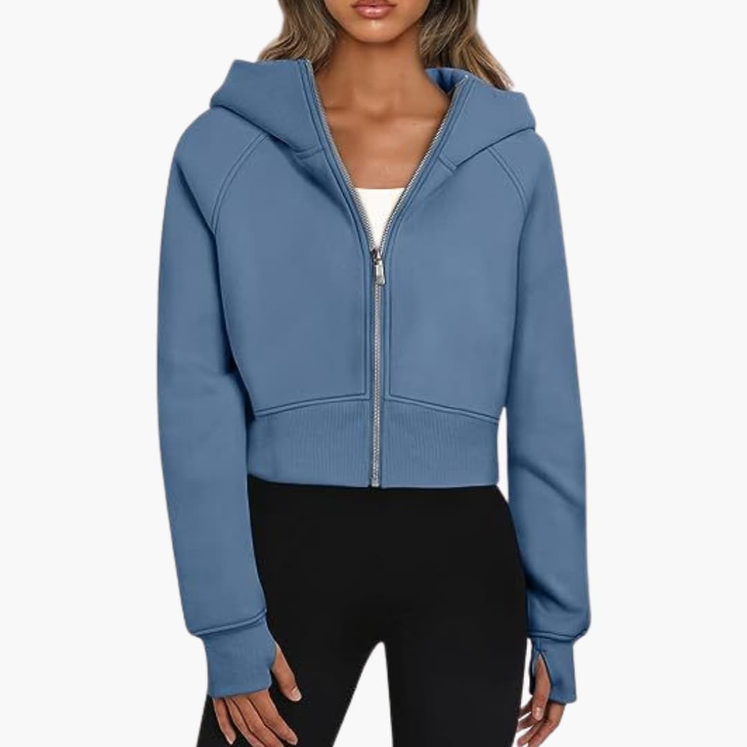 Sudadera corta con capucha para mujer con cierre de cremallera y dobladillo acanalado