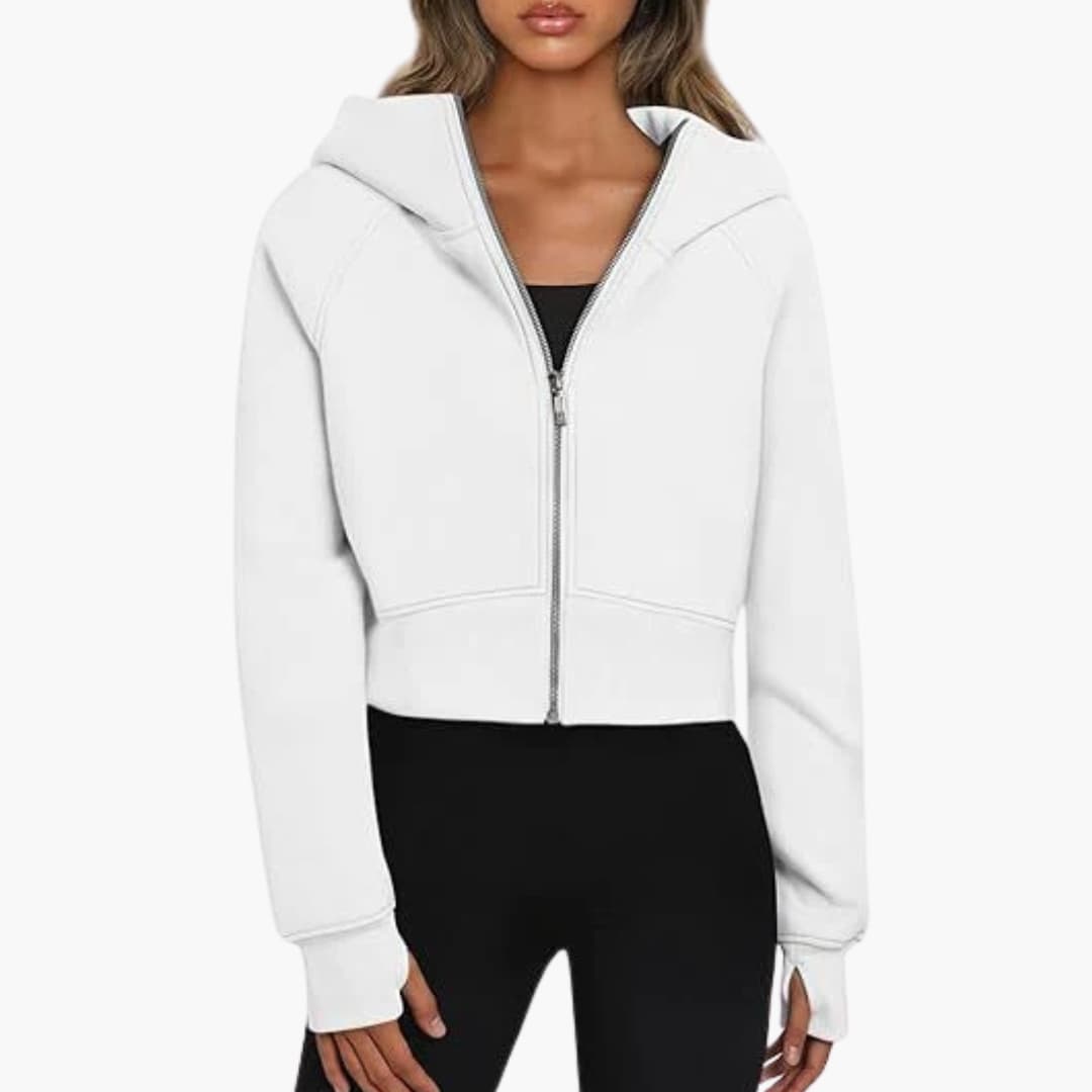 Sudadera corta con capucha para mujer con cierre de cremallera y dobladillo acanalado