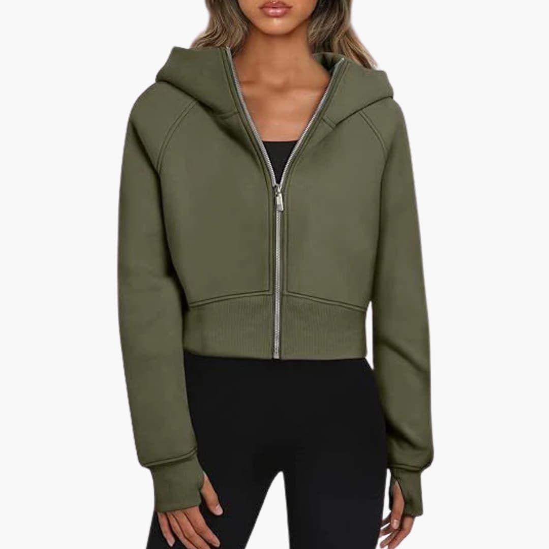 Sudadera corta con capucha para mujer con cierre de cremallera y dobladillo acanalado