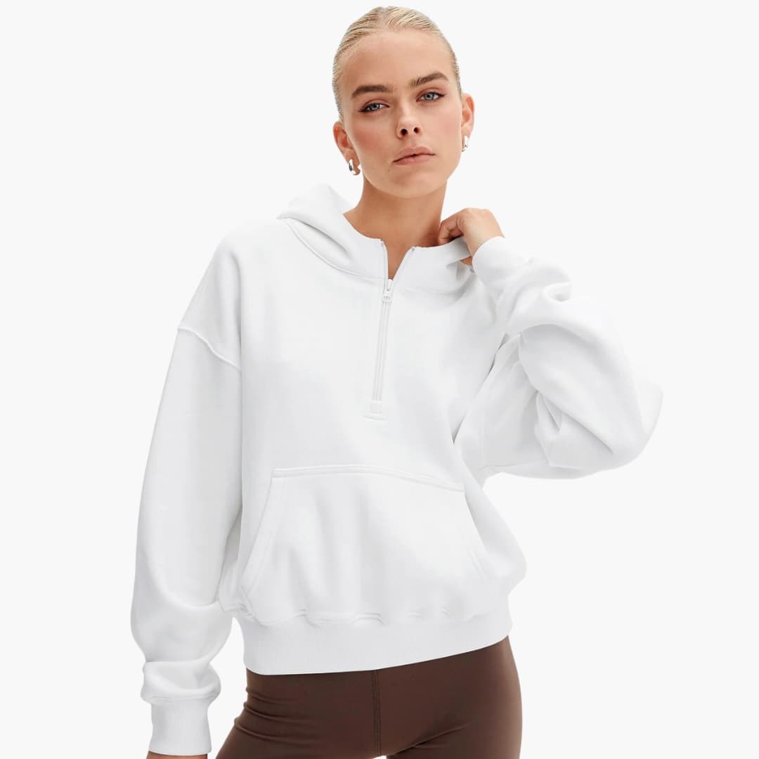 Sudadera con capucha casual para mujer con media cremallera y bolsillo delantero