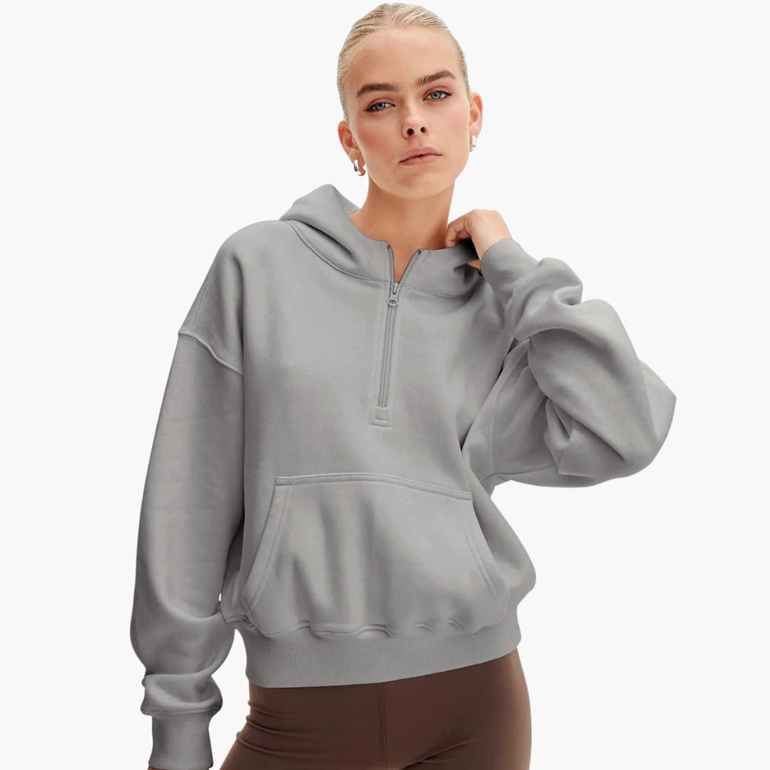 Sudadera con capucha casual para mujer con media cremallera y bolsillo delantero