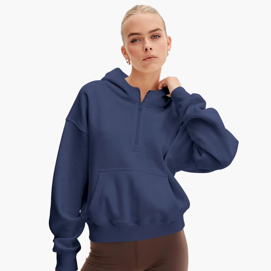 Sudadera con capucha casual para mujer con media cremallera y bolsillo delantero