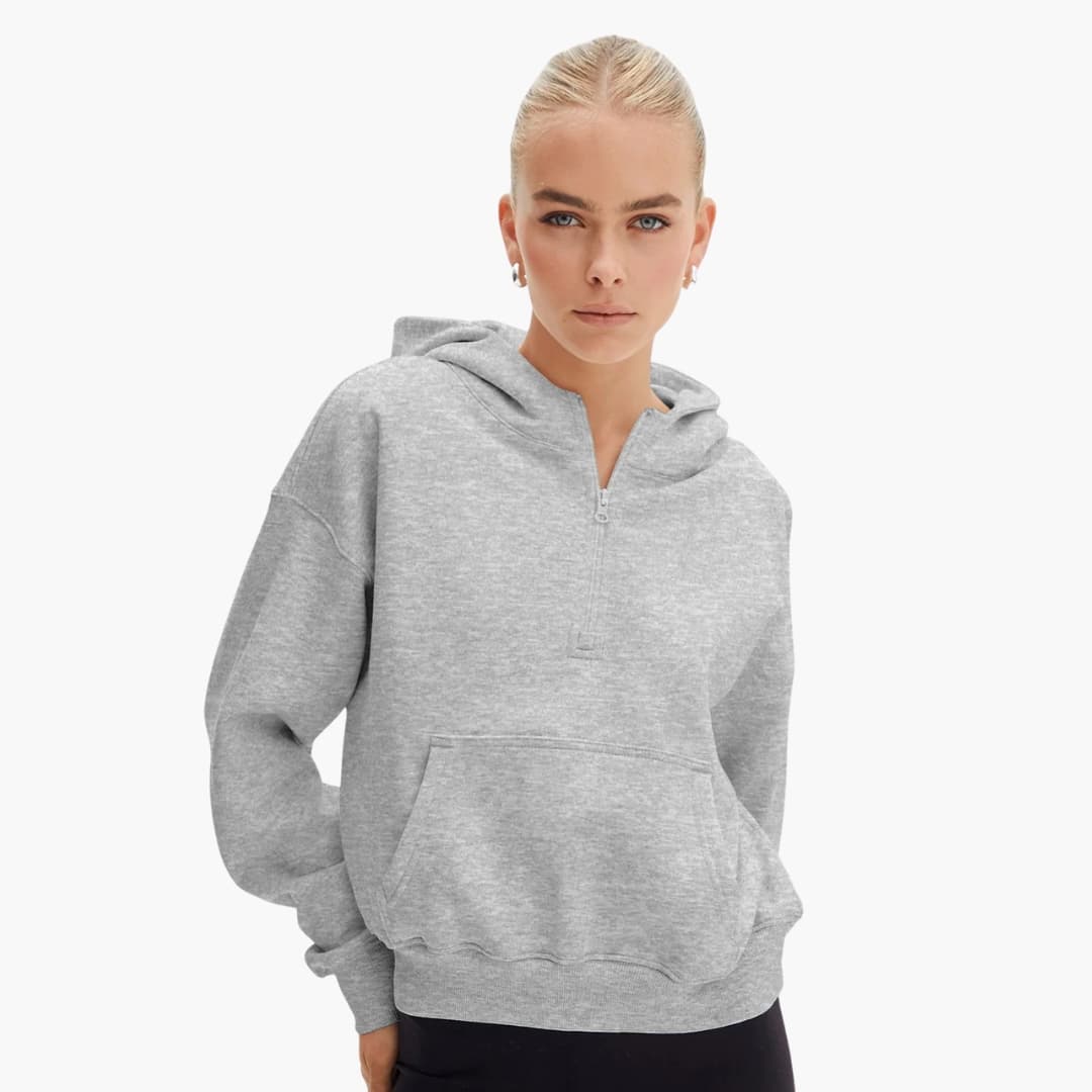 Sudadera con capucha casual para mujer con media cremallera y bolsillo delantero