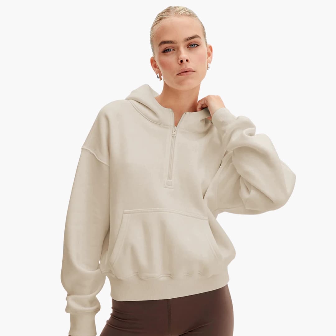 Sudadera con capucha casual para mujer con media cremallera y bolsillo delantero