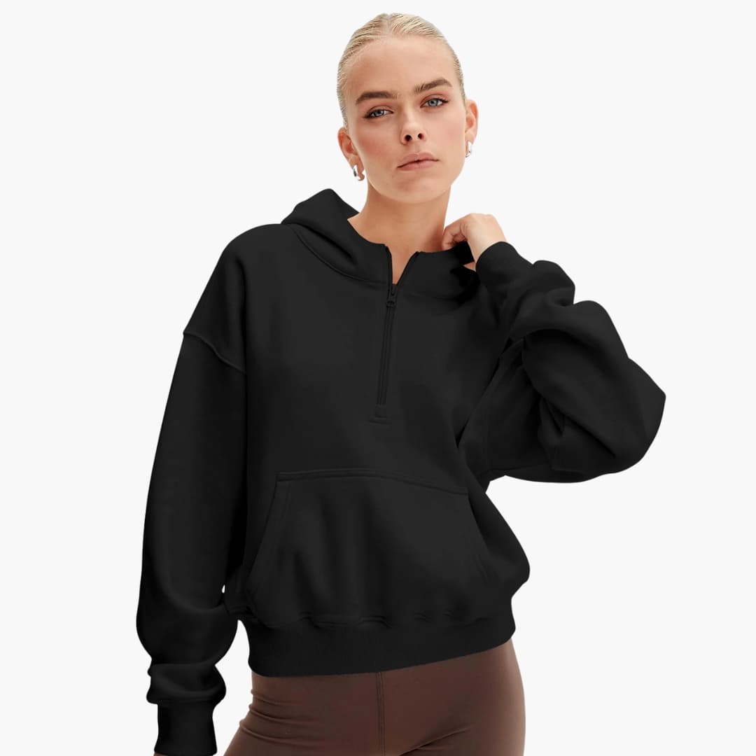 Sudadera con capucha casual para mujer con media cremallera y bolsillo delantero
