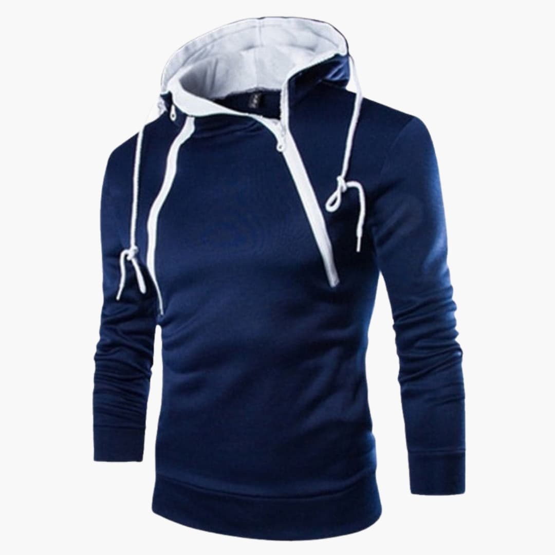 Modern men's hoodie with asymmetrical zipper closure
