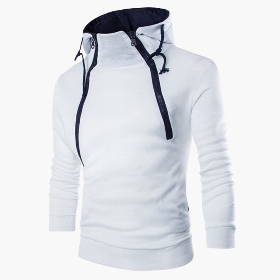 Modern men's hoodie with asymmetrical zipper closure