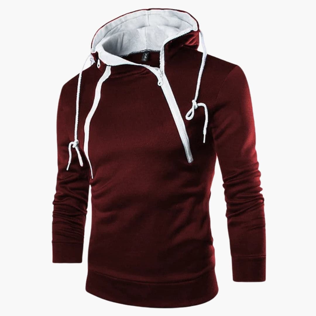 Modern men's hoodie with asymmetrical zipper closure