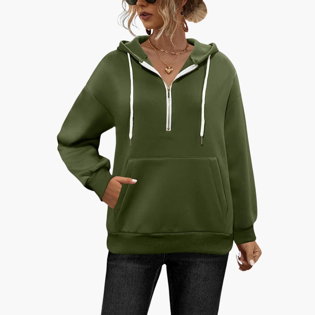 Sudadera con capucha para mujer con media cremallera y bolsillo canguro Color rosa vivo