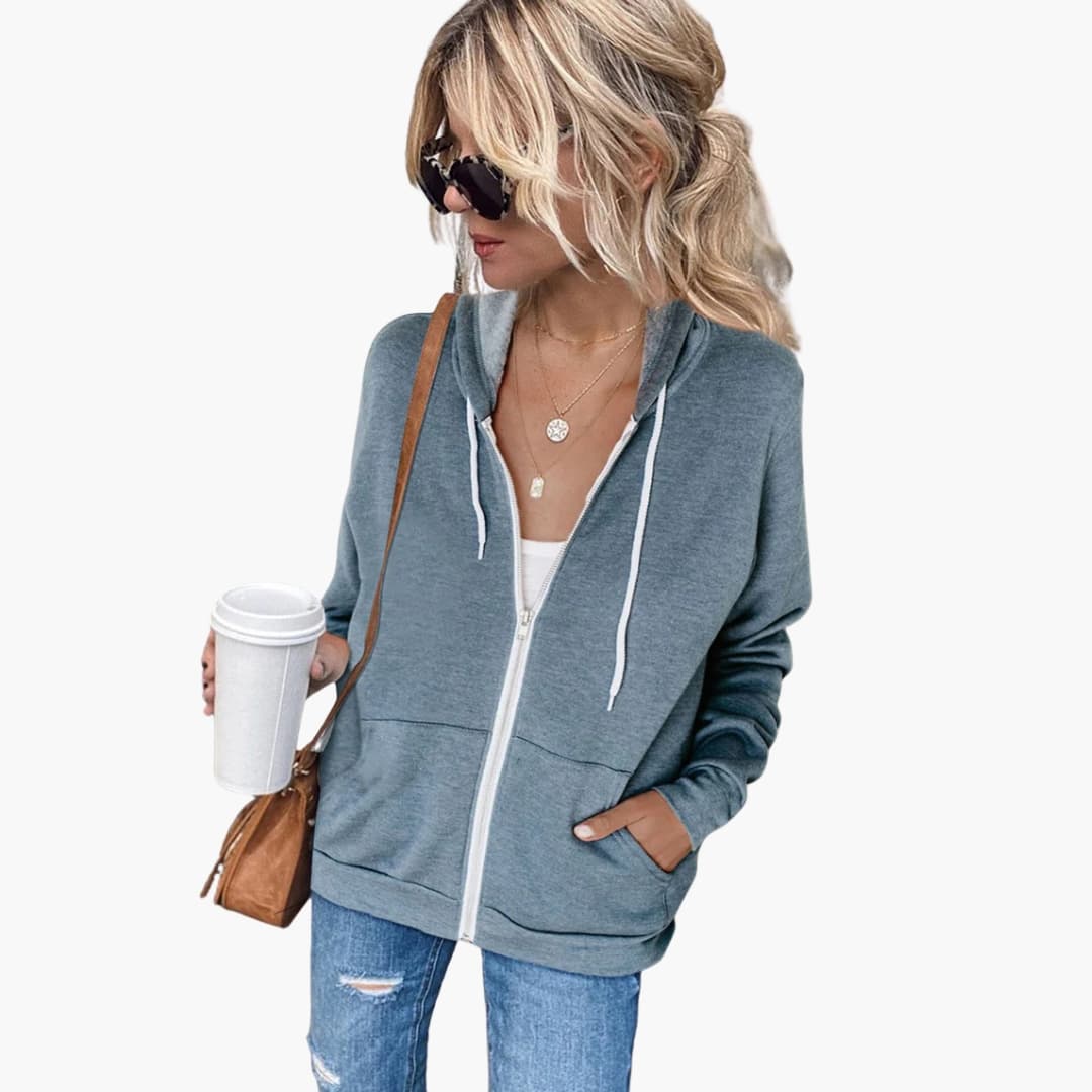 Sweat à capuche zippé pour femme avec cordons de serrage et poches frontales