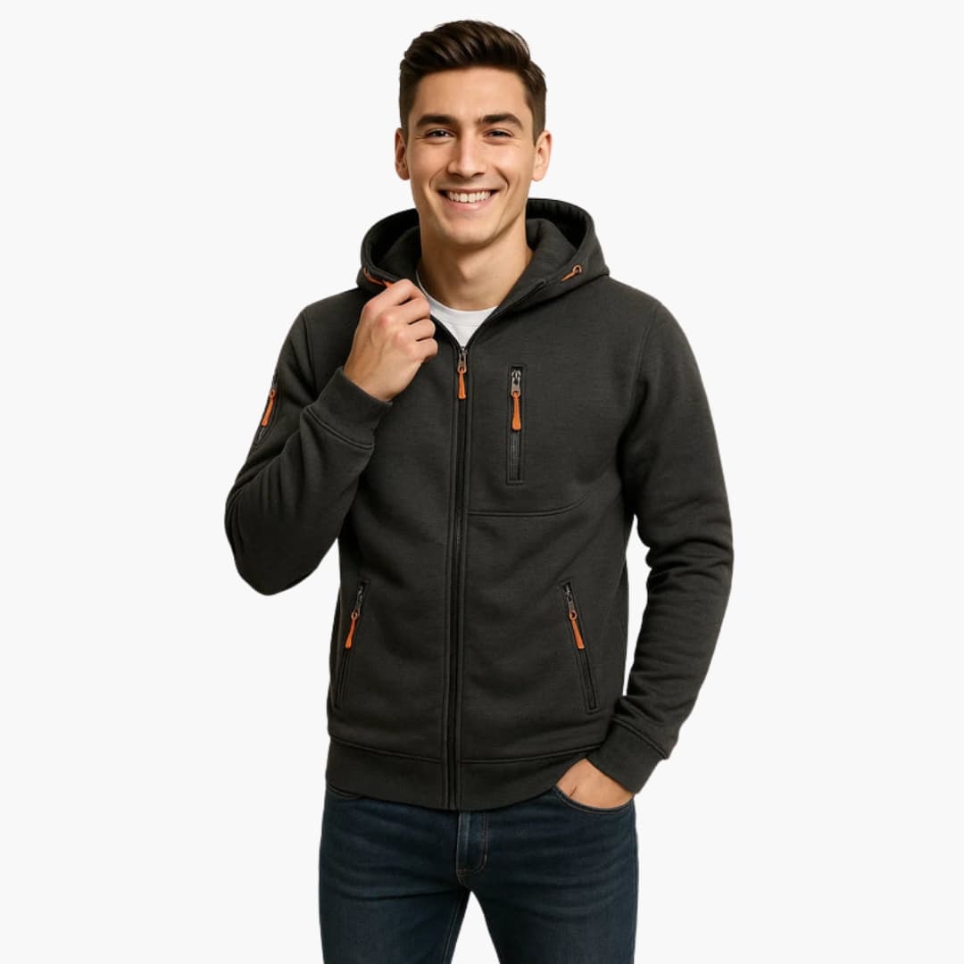 Sweat à capuche zippé pour homme avec multiples poches et détails zips contrastés