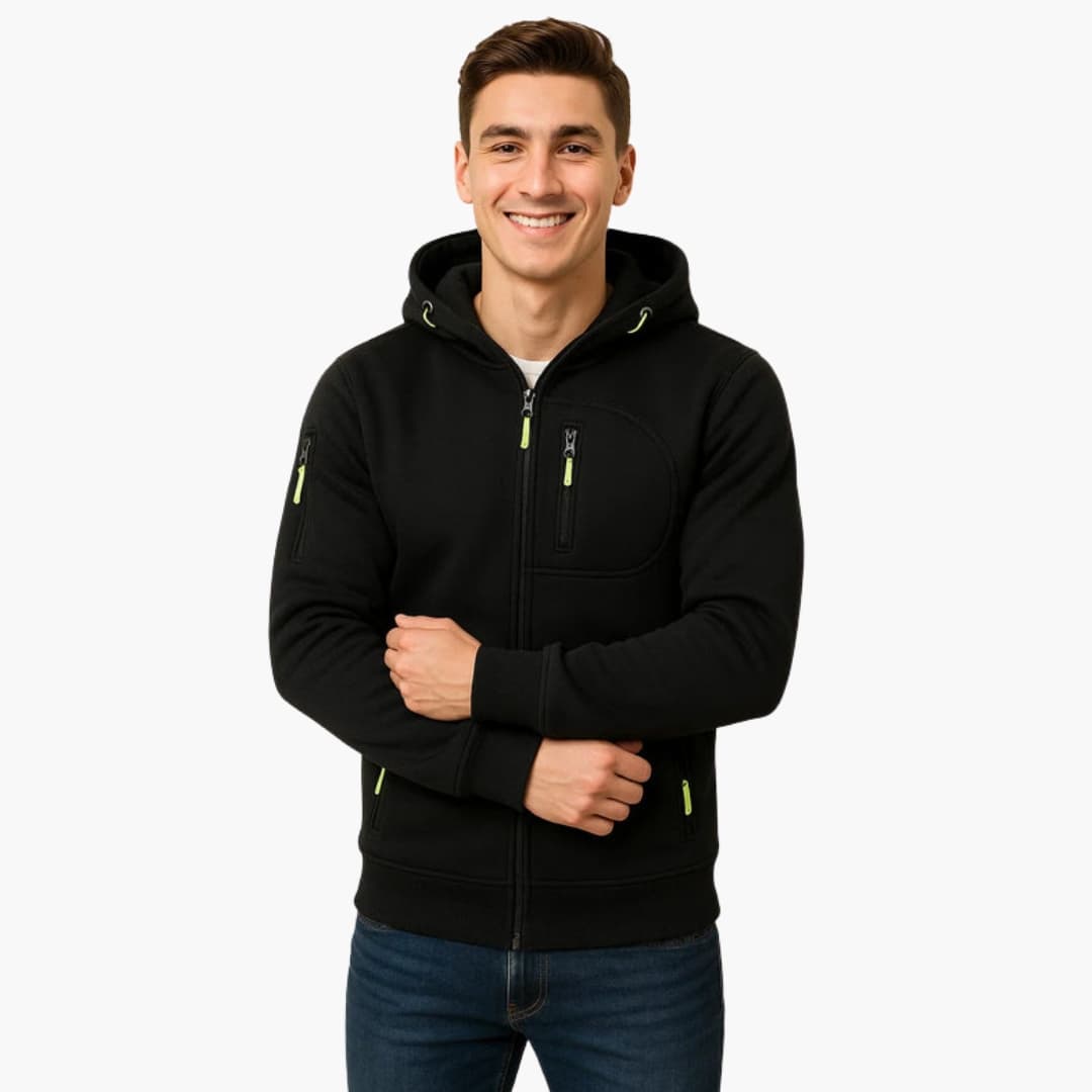 Sweat à capuche zippé pour homme avec multiples poches et détails zips contrastés