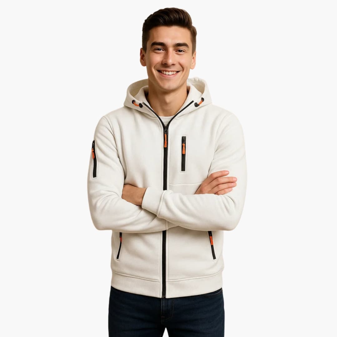 Sweat à capuche zippé pour homme avec multiples poches et détails zips contrastés