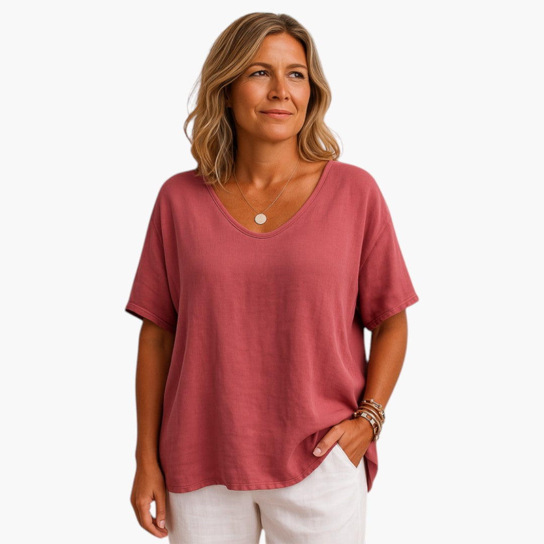 Camiseta mujer con mangas cortas y dobladillo redondeado
