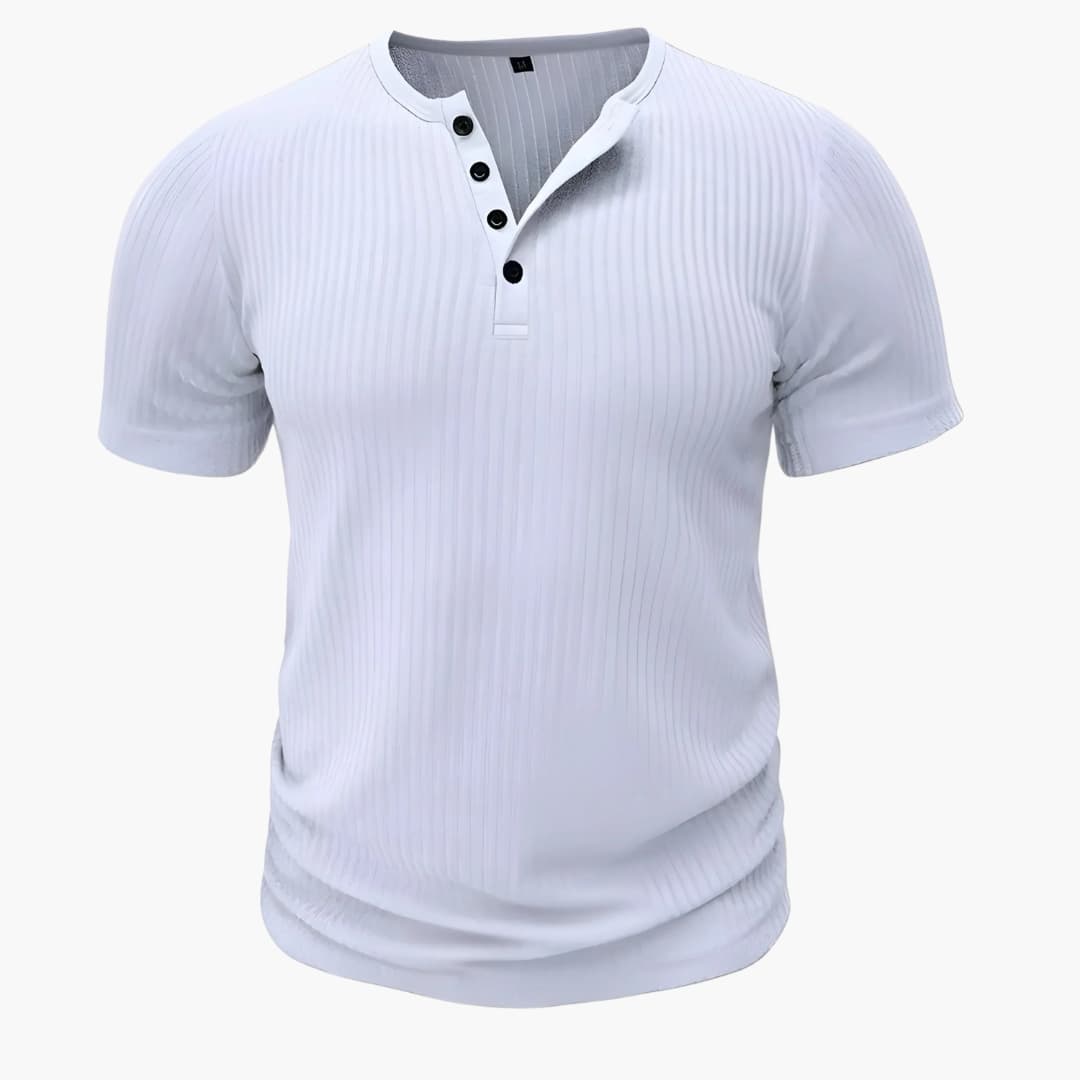 T shirt homme à manches courtes avec col tunisien et surface côtelée