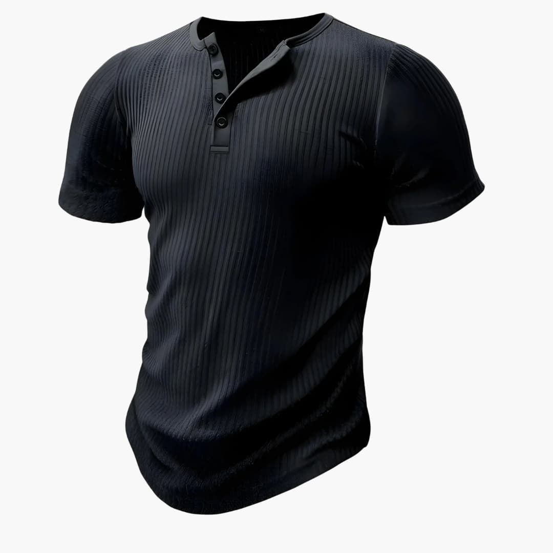 T shirt homme à manches courtes avec col tunisien et surface côtelée