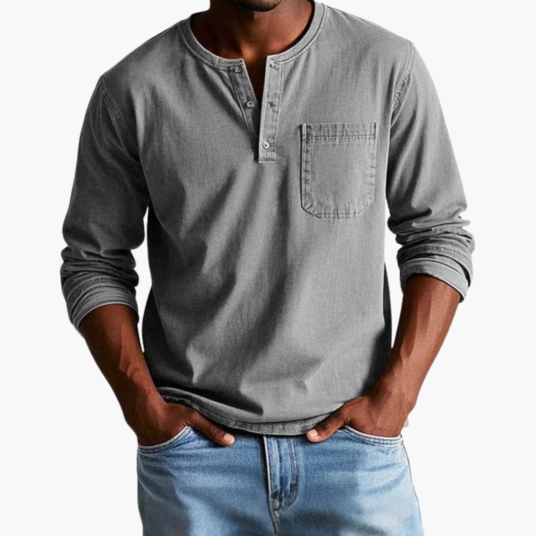 T shirt homme à manches longues avec col rond et poche poitrine