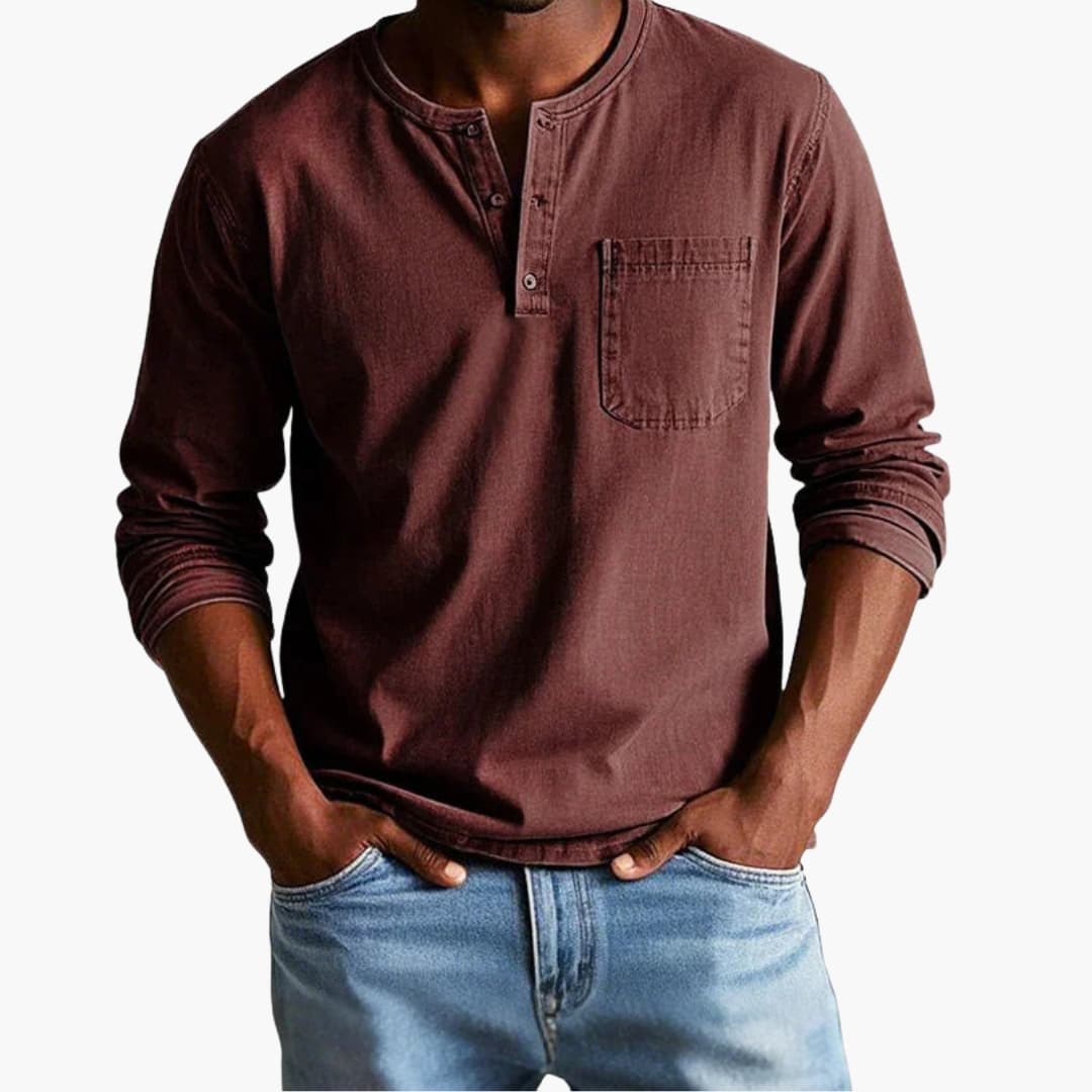 T shirt homme à manches longues avec col rond et poche poitrine