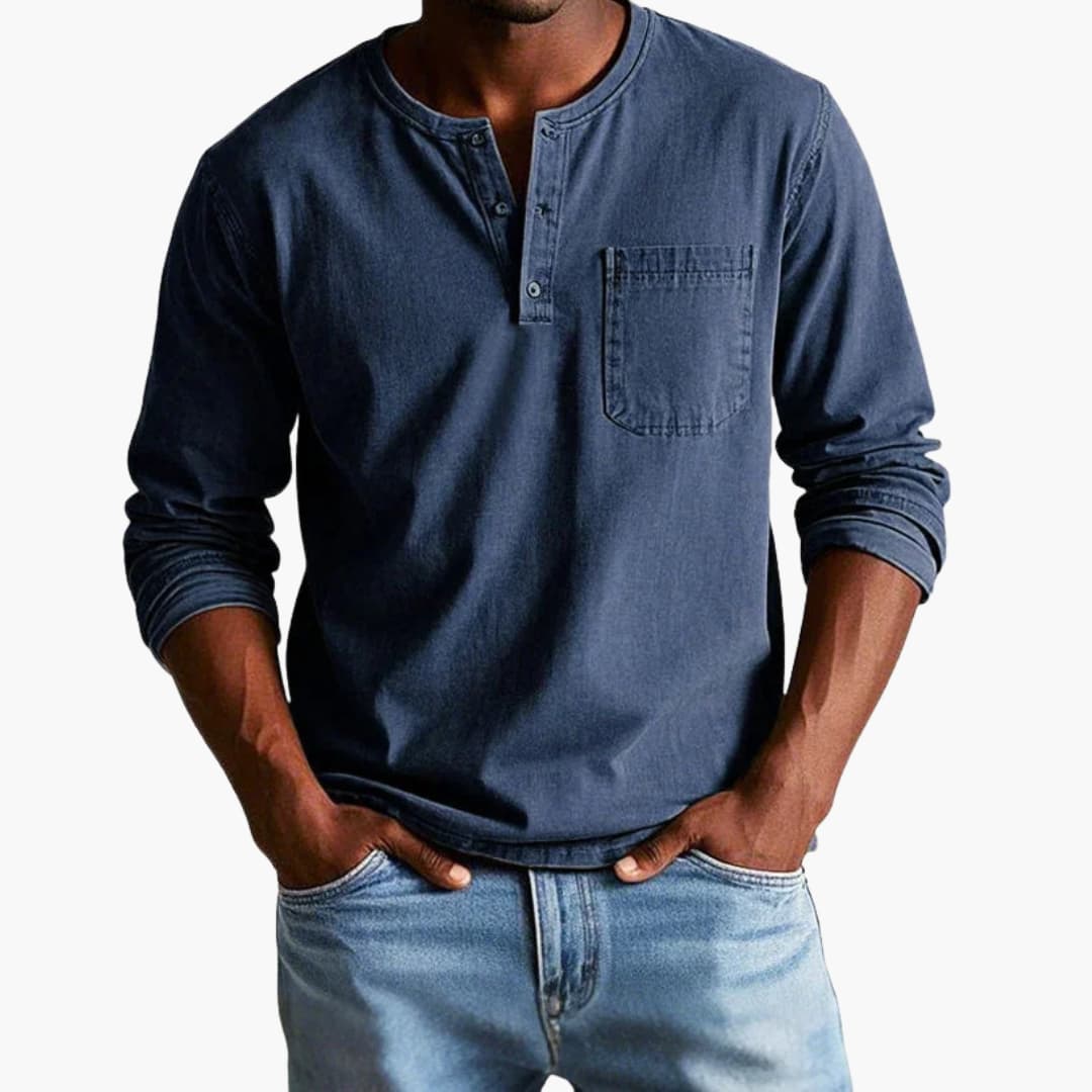 T shirt homme à manches longues avec col rond et poche poitrine