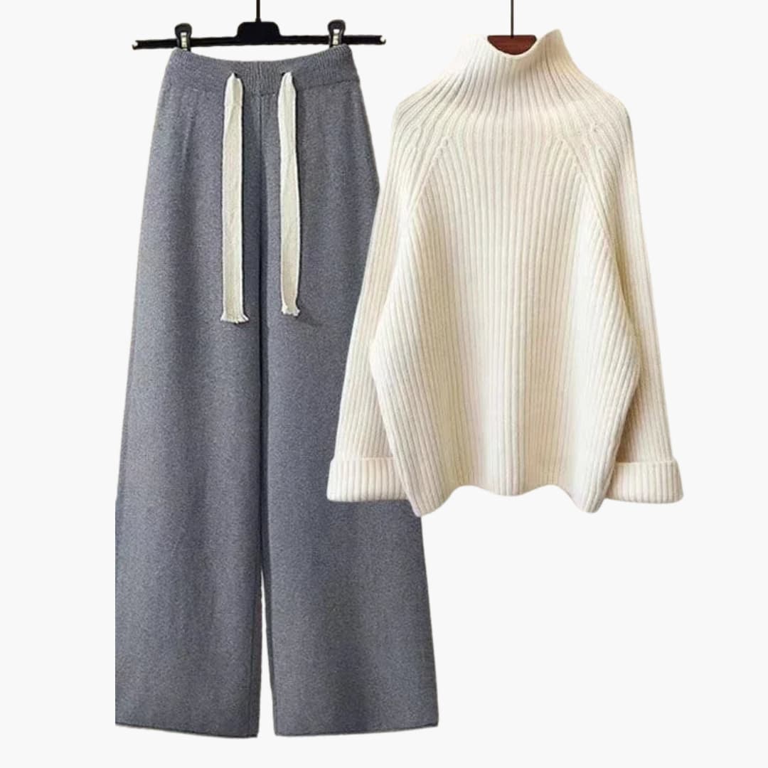 Ensemble tricoté deux pièces pour femme avec haut à col montant et pantalon à jambes larges