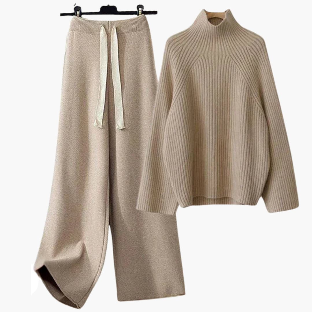 Ensemble tricoté deux pièces pour femme avec haut à col montant et pantalon à jambes larges