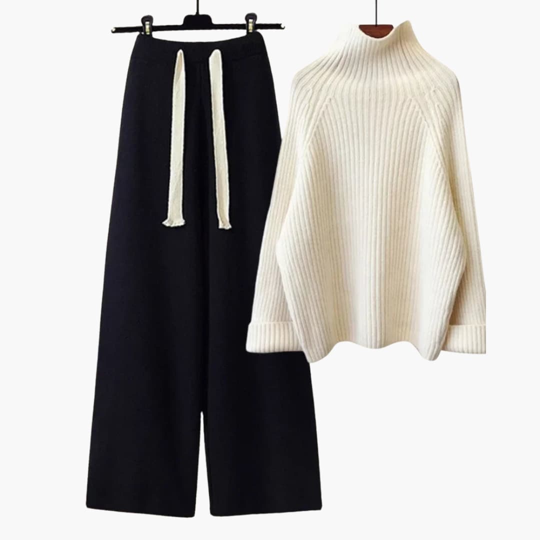 Ensemble tricoté deux pièces pour femme avec haut à col montant et pantalon à jambes larges