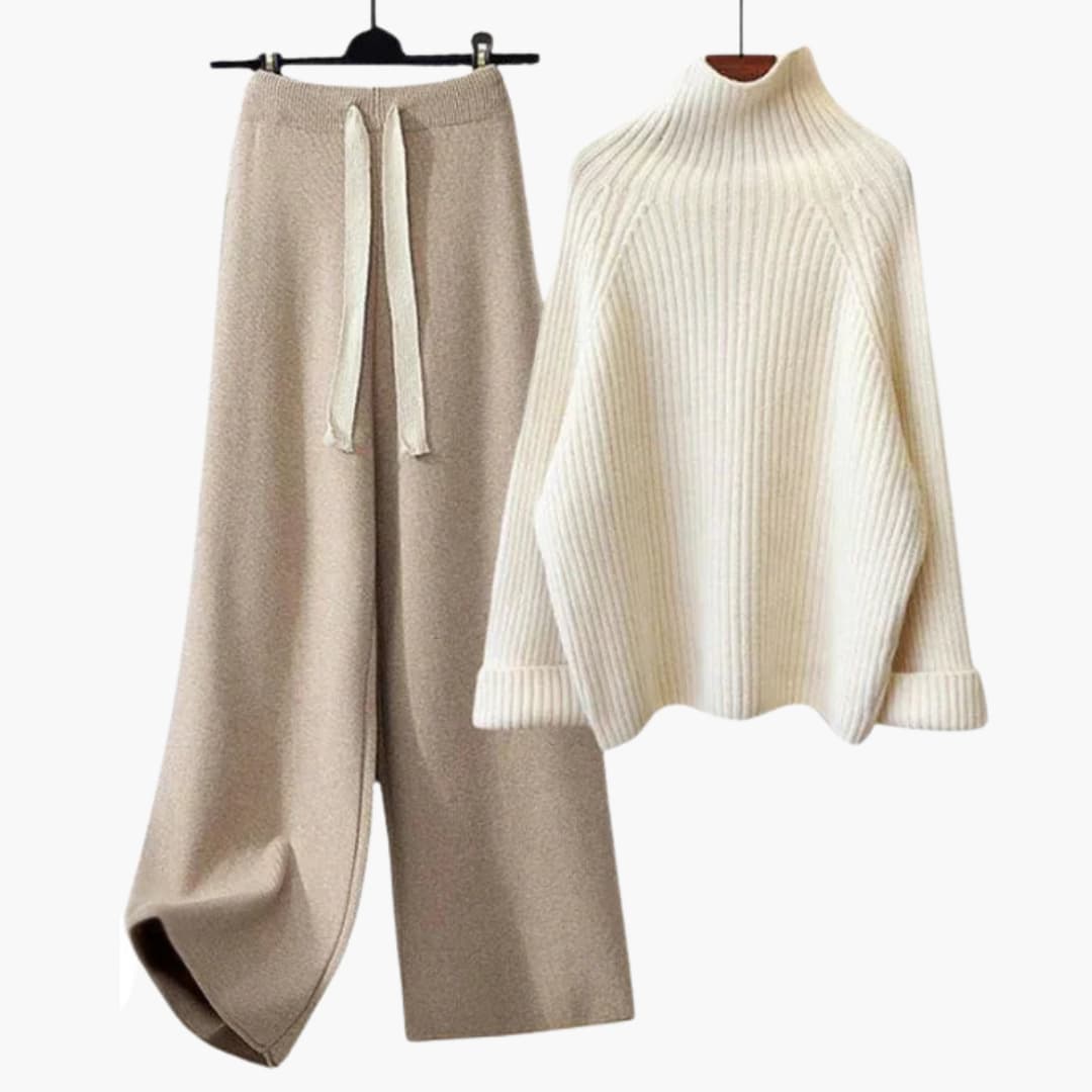 Ensemble tricoté deux pièces pour femme avec haut à col montant et pantalon à jambes larges