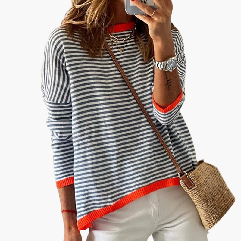 Top à rayures à manches longues pour femme avec bord contrasté