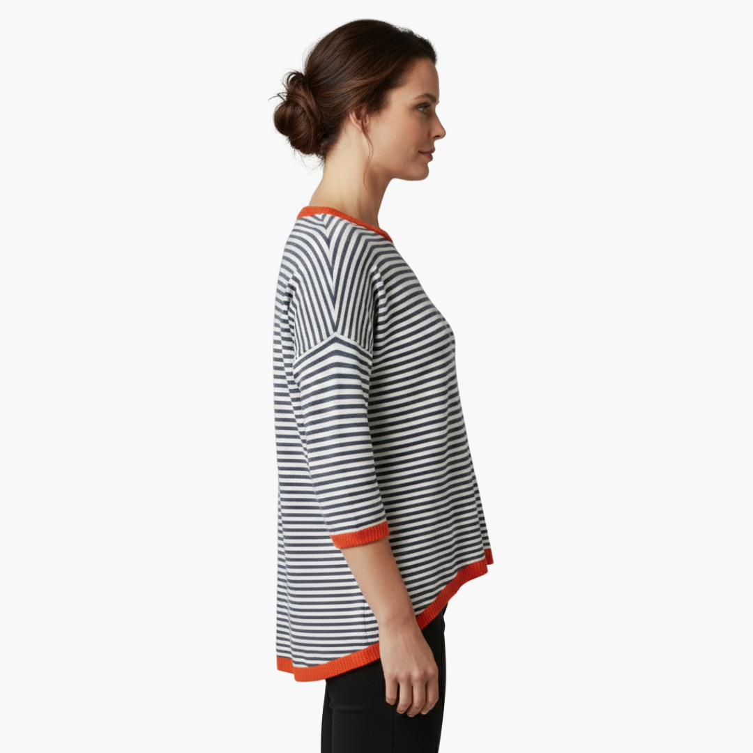 Long-sleeve striped top for women with contrast trim
