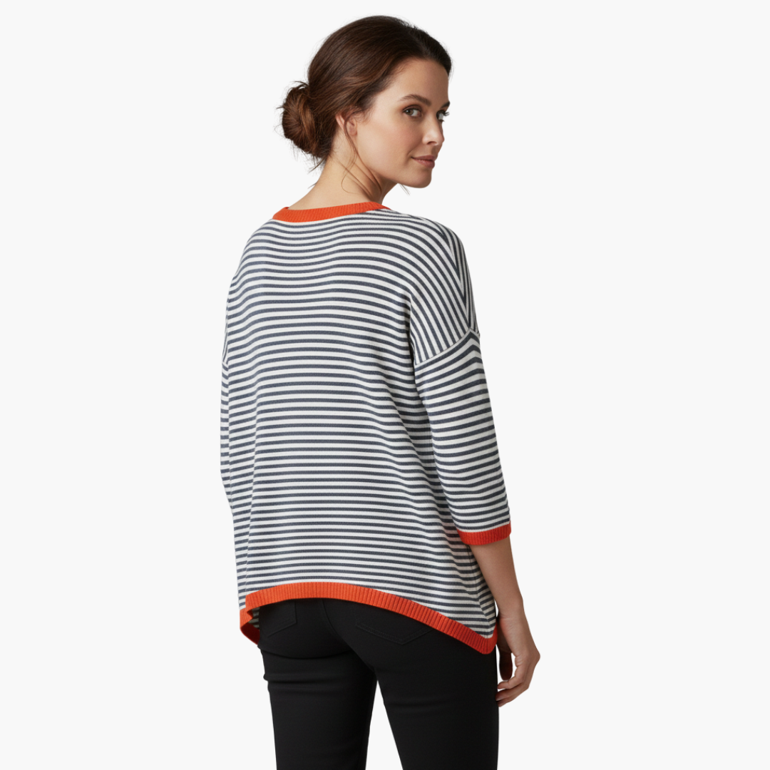 Long-sleeve striped top for women with contrast trim