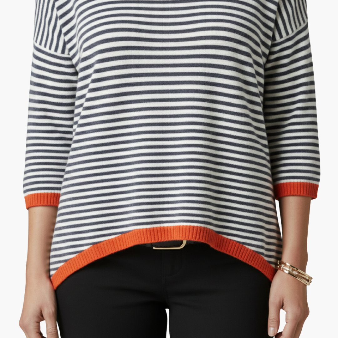 Long-sleeve striped top for women with contrast trim