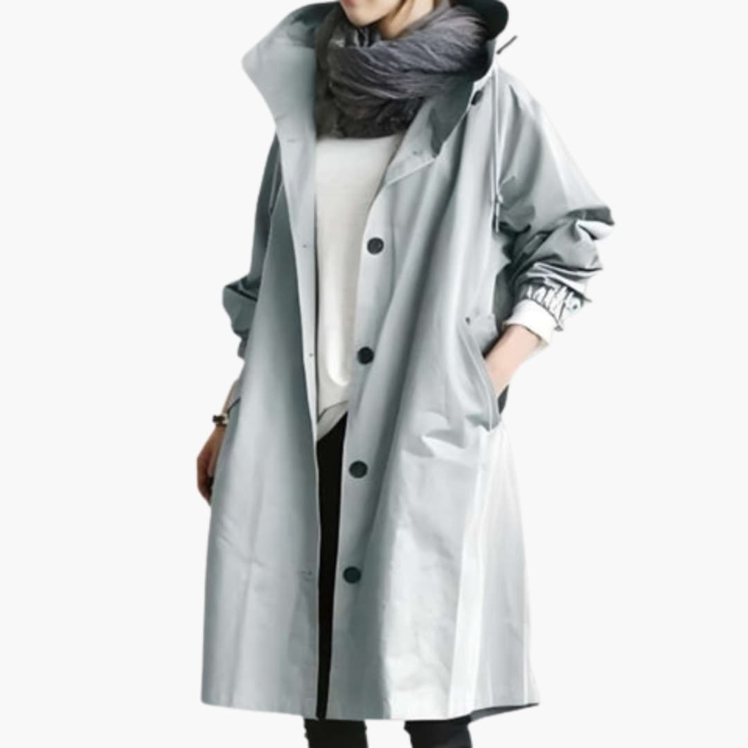 Gabardina para mujer con capucha y cierre de botones