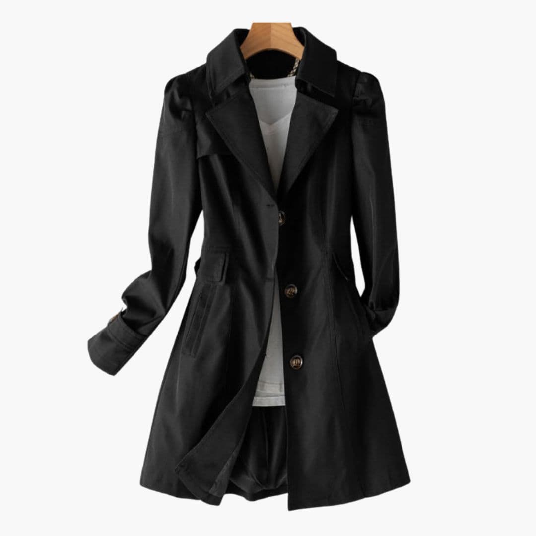 Women's trench coat with hood and button closure