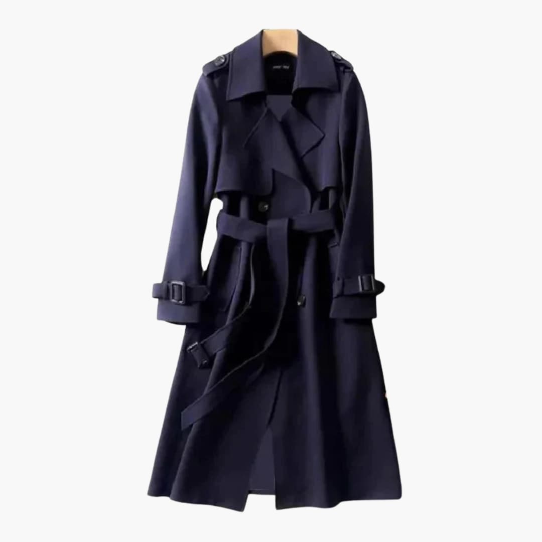 Trench long femme avec ceinture à la taille et col à revers