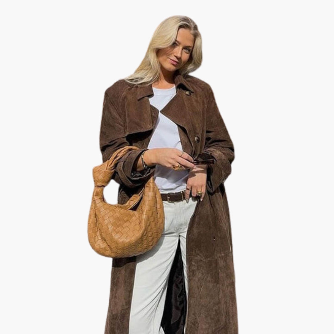 Trench lungo donna con colletto a risvolto e cintura da annodare