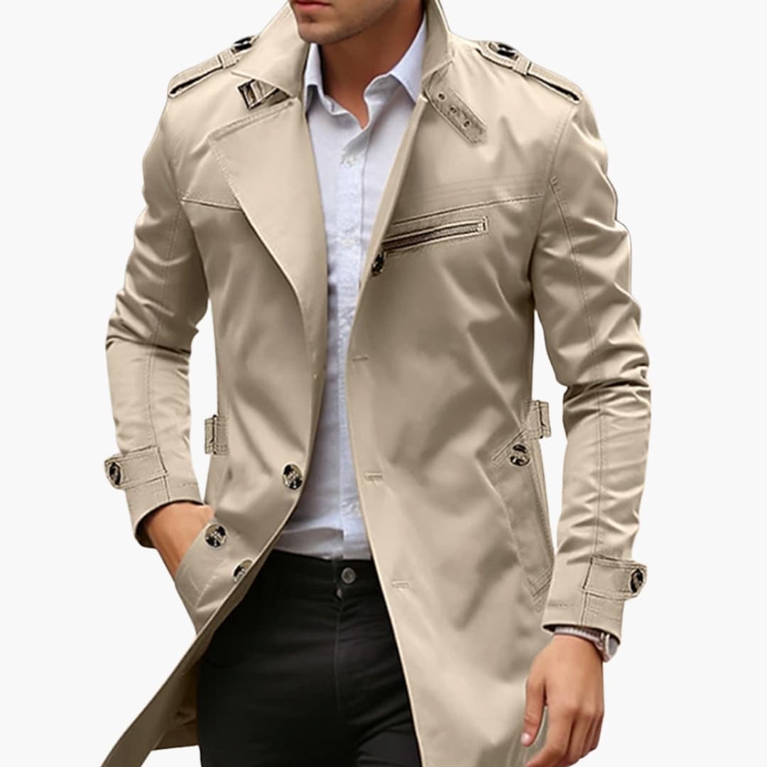 Trench long homme avec col à revers et fermeture boutonnée