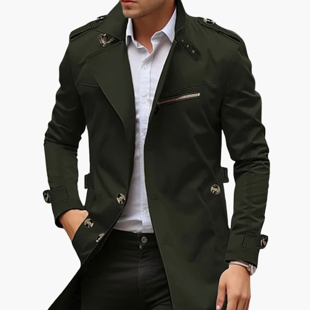 Trench long homme avec col à revers et fermeture boutonnée