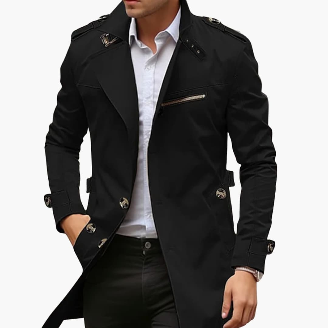 Trench long homme avec col à revers et fermeture boutonnée