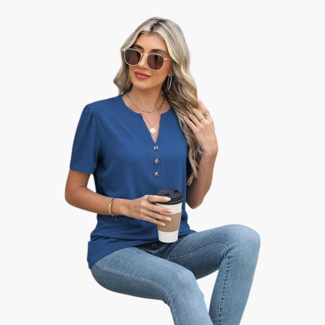 Maglietta donna con scollo abbottonato e maniche corte
