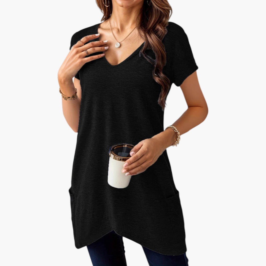 Maglietta donna con scollo a V e tasche laterali