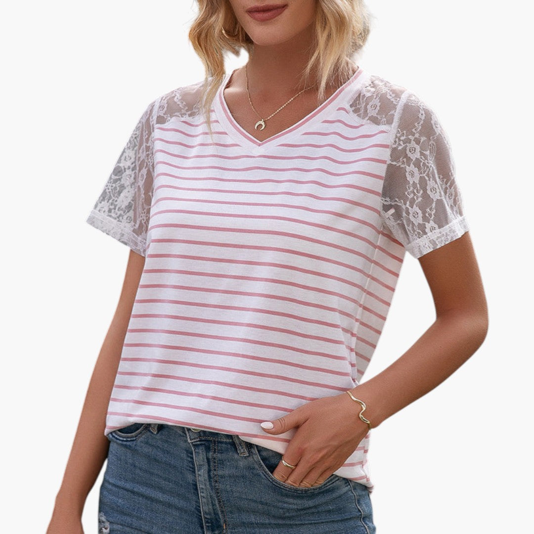 Maglietta donna con maniche in pizzo e superficie a righe