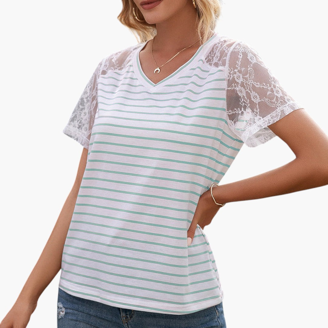 Maglietta donna con maniche in pizzo e superficie a righe