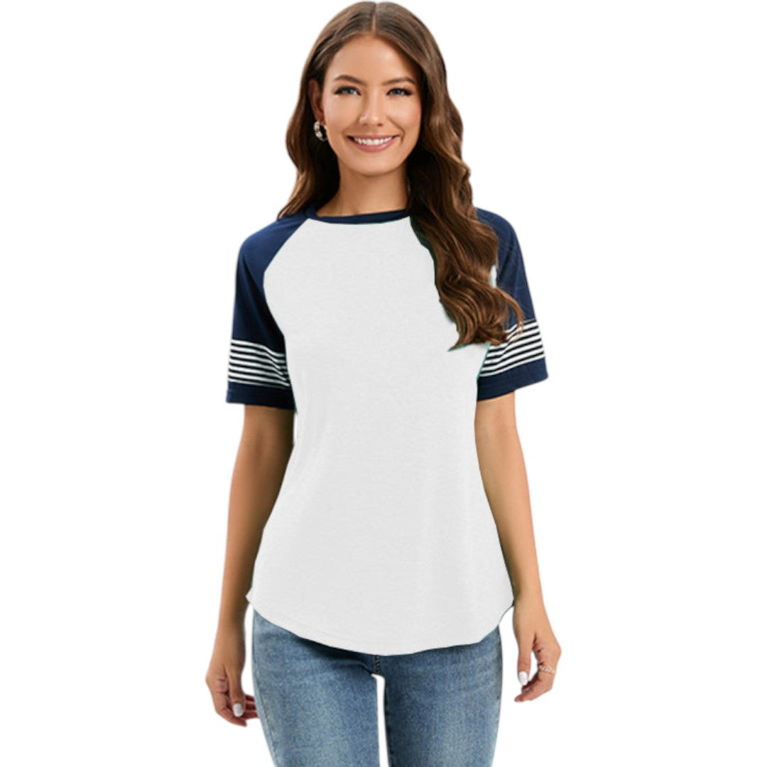 Maglietta donna con maniche raglan e inserti a righe